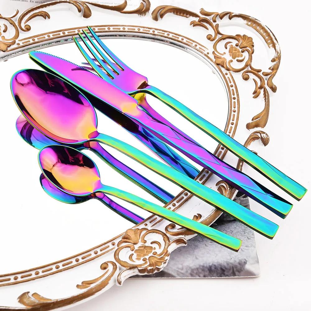 Western 4Pcs Stainless Steel Dinnerware Diamond Shaped Knife Fork Spoons Cutlery Set Restaurant Kitchen Tableware Flatware Set