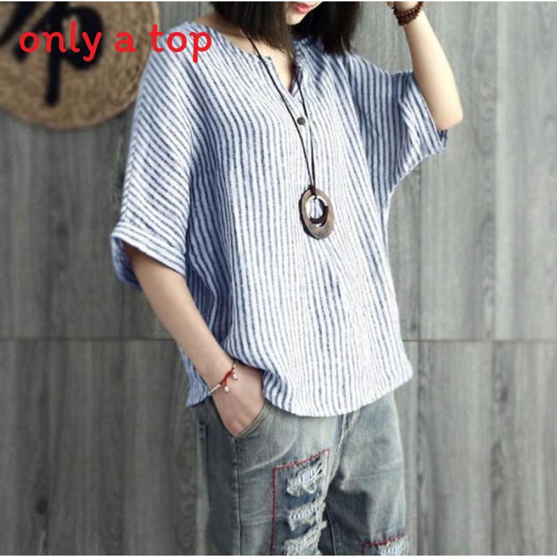 Vintage Striped Cotton T Shirt With Print For Casual Women Summer Wear