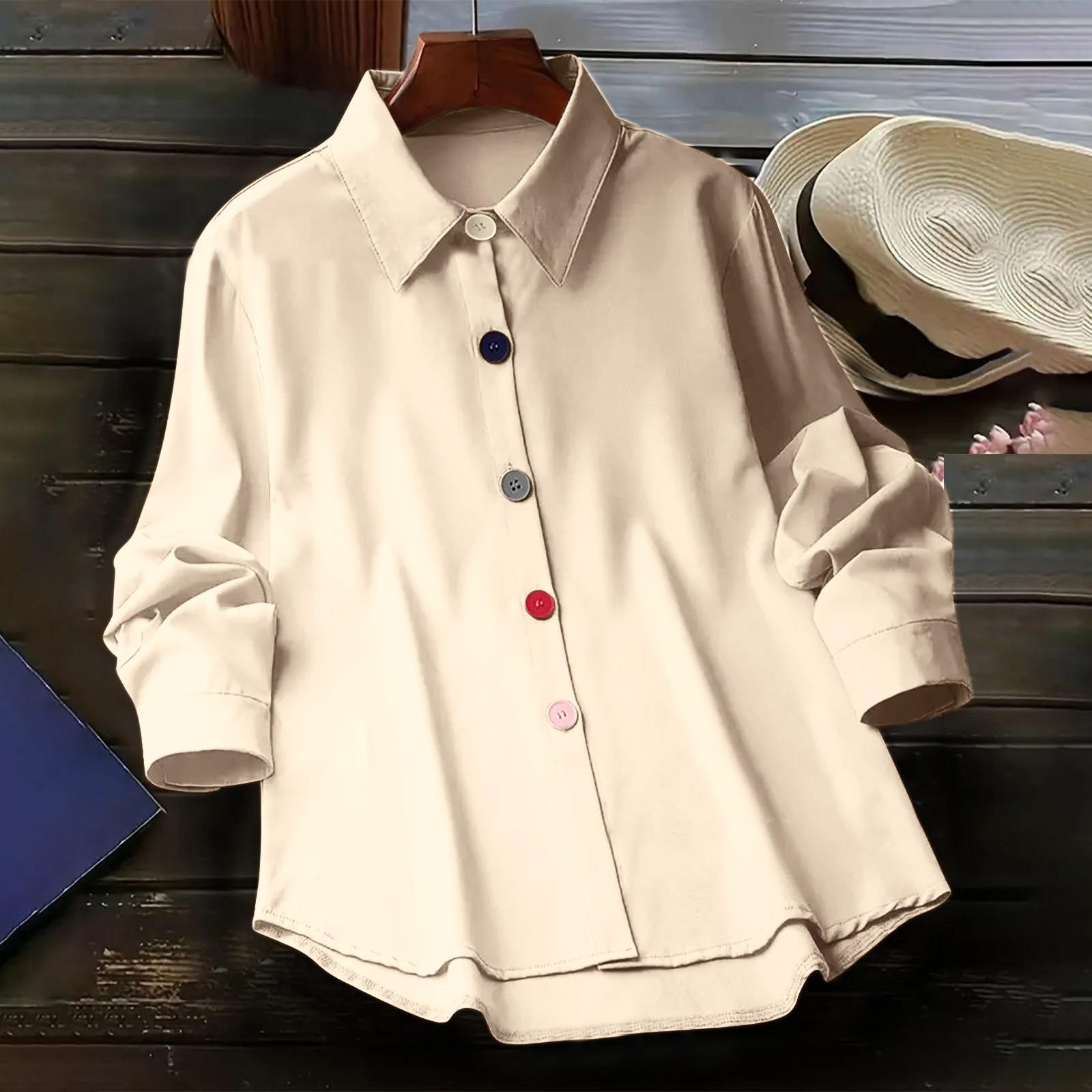 

Long Sleeve Linen Shirts For Women Button Down Loose Solid Color Blouse Lightweight Casual Lapel Tunic Tops L бежевый