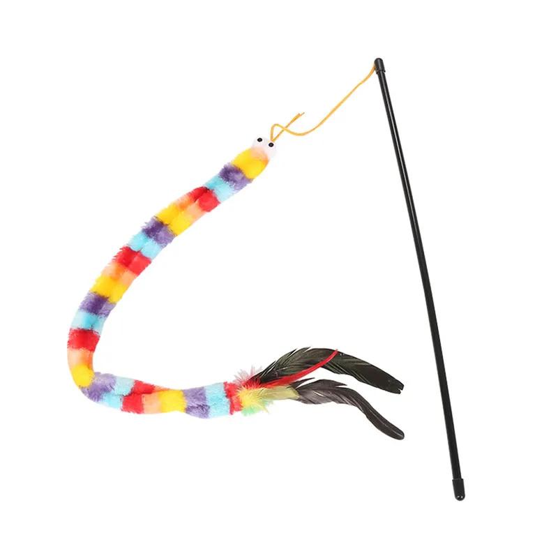 Rainbow Caterpillar Cat Teaser Toy Interactive Plush Wand with Feathers for Kittens Indoor Play
