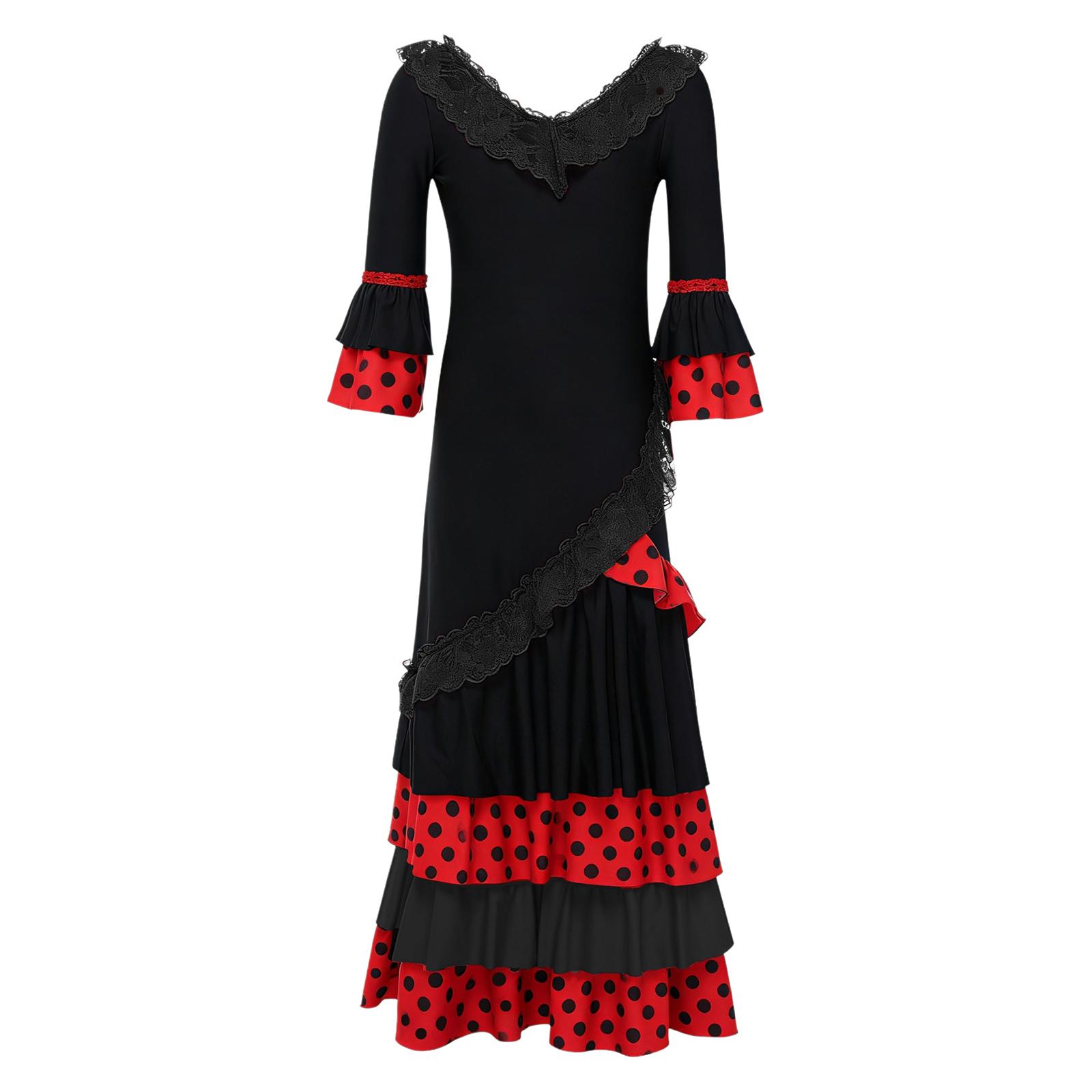 

Kids Girls Contrast Color Dots Tiered Ruffle Flamenco Dress Lace Trim V Neck 3/4 Sleeves Back Invisible Zipper for Stage Performance Competition 15-16 Years