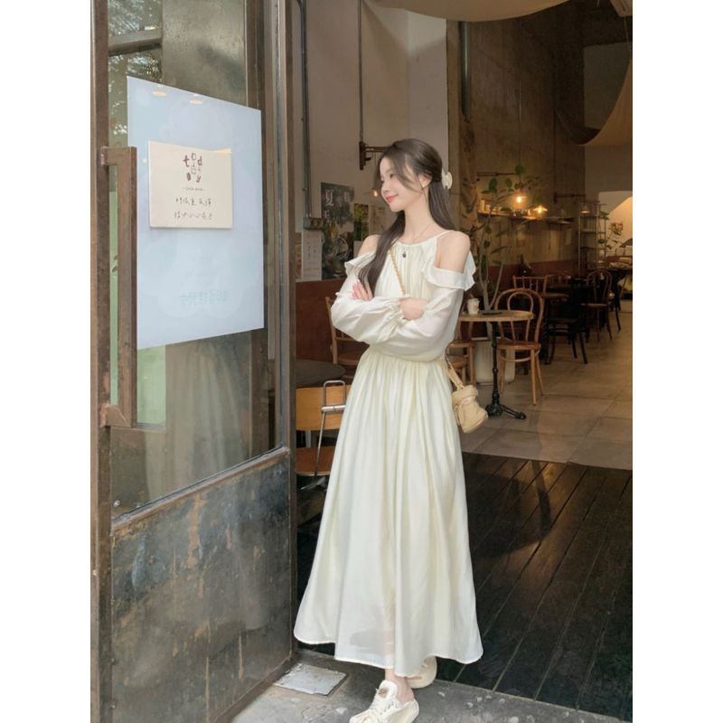 Kumikumi Gentle Apricot Long Sleeves Dress Women's Autumn French Style Temperament Chic Slimming and Shoulder Hollow Long Dress