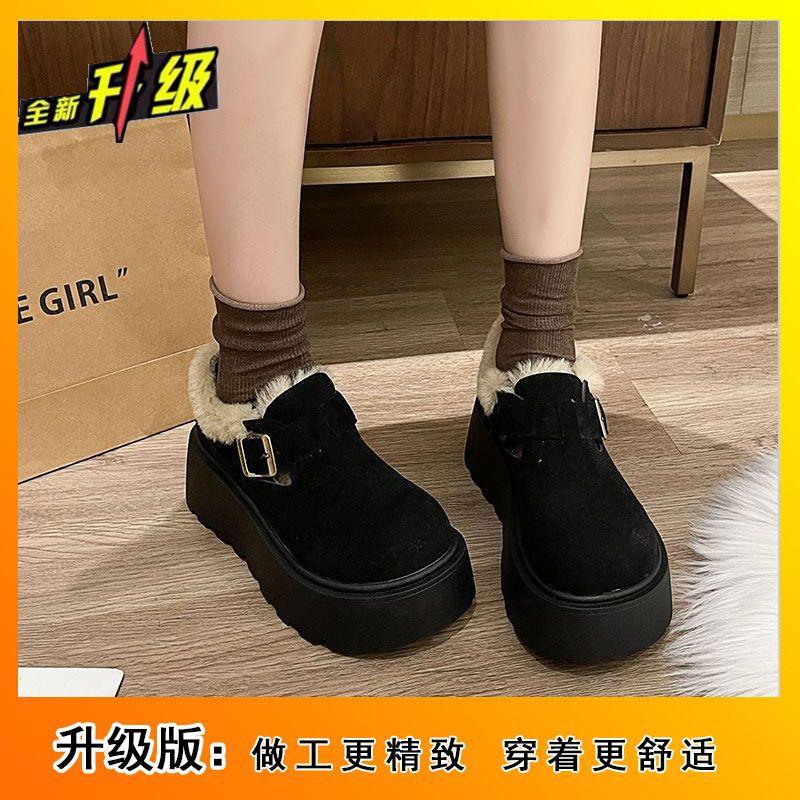 2025 winter velvet big head ugly cute muffin thick sole to increase height and keep warm, one pedal Birkenstock cotton shoes women's snow boots