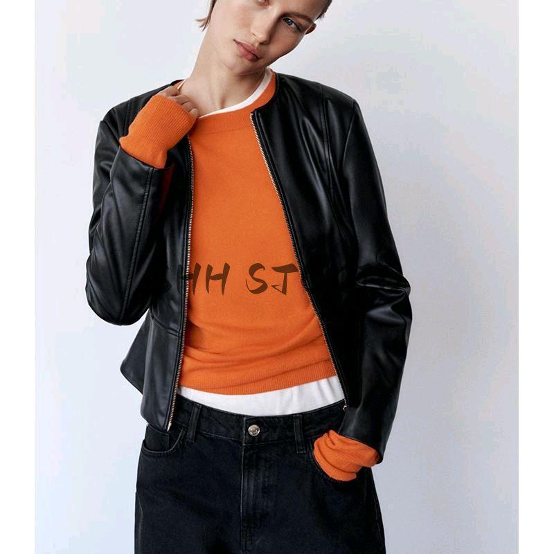 Women's Spring Clothing Fashion Style Short Skirt Hem Poly Urethane Leather Round Neck Long Sleeves Jacket Outwear 3046069