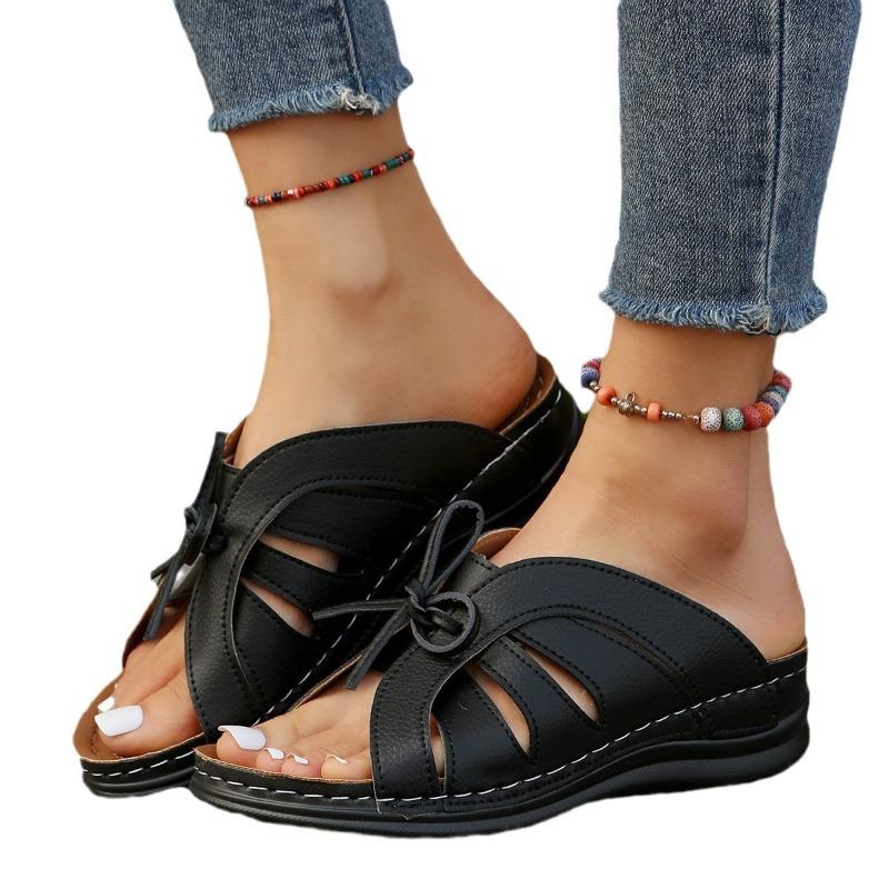 Slippers Women's Summer New Large Size One-word Hollow Bow Thick-soled Wedge Casual Sandals
