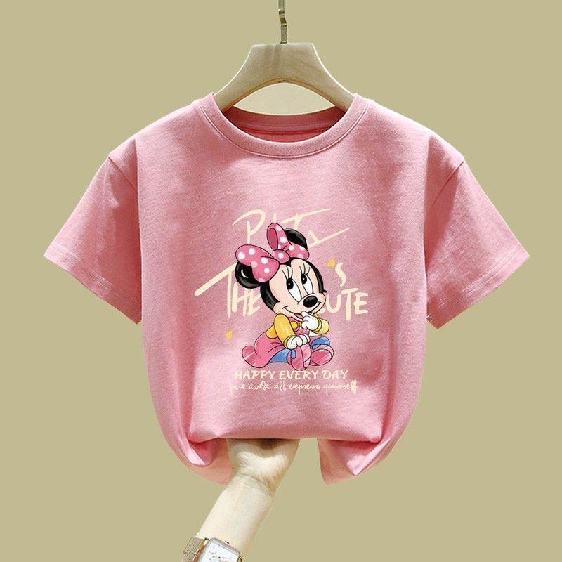 2026 Summer Girls' Minnie Cartoon Short-Sleeve T-Shirt - 100% Children's Clothing, Round Neck Base Layer for Small and Medium Children