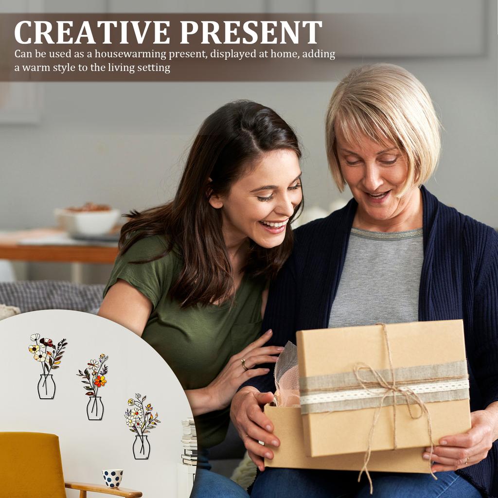 3Pcs Metal Vase Flowers Wall Arts - Rustic Farmhouse Décor Minimalist Flower Wall Pendants for Living Room Bedroom Housewarming