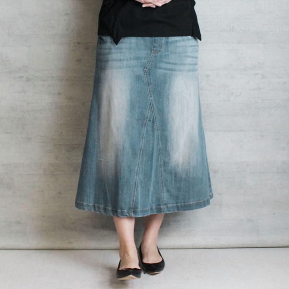 Större Storlekar Kläder Lång Kjol Jeanskjol Lång Längd Stretch Denim Blå 3L WD-0085