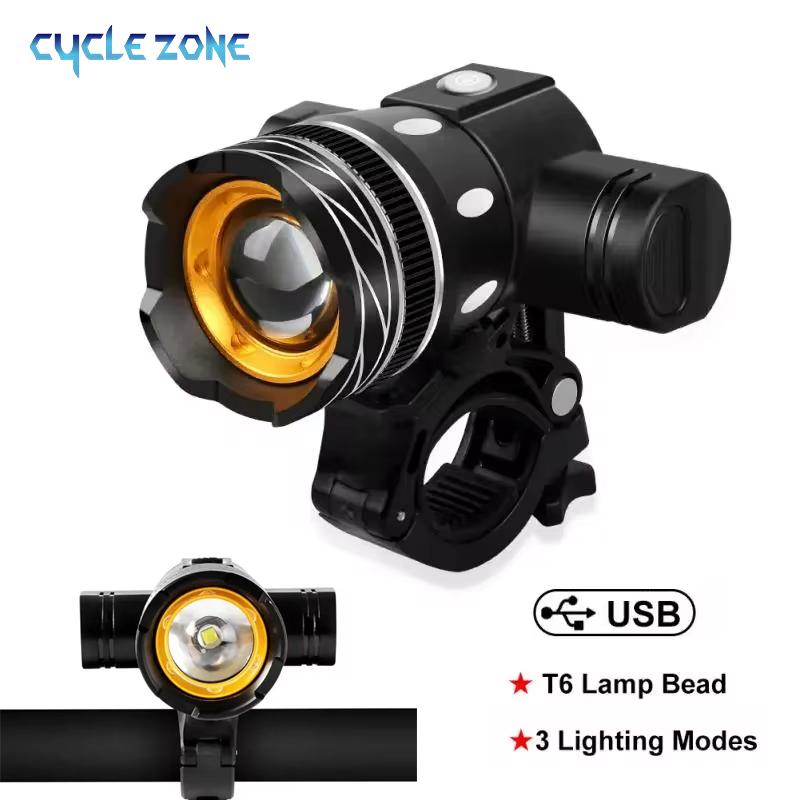 LED Bicycle Headlight, Zoom Adjustable USB Rechargeable Front Light, Waterproof Cycling Flashlight for MTB