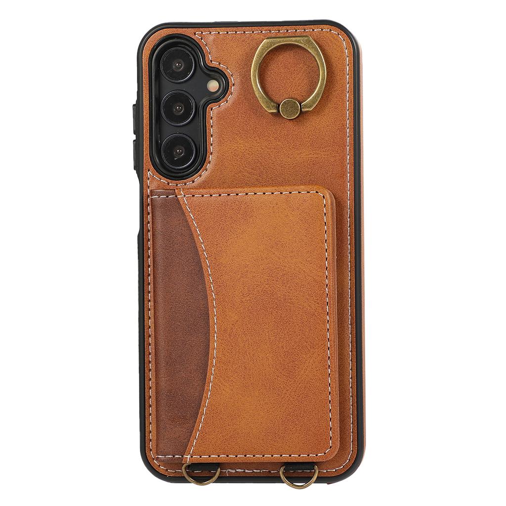 For Samsung Galaxy A24 4G (162.1x77.6x8.3mm) PU Leather Back Case Card Holder Kickstand Phone Cover with Wrist Strap