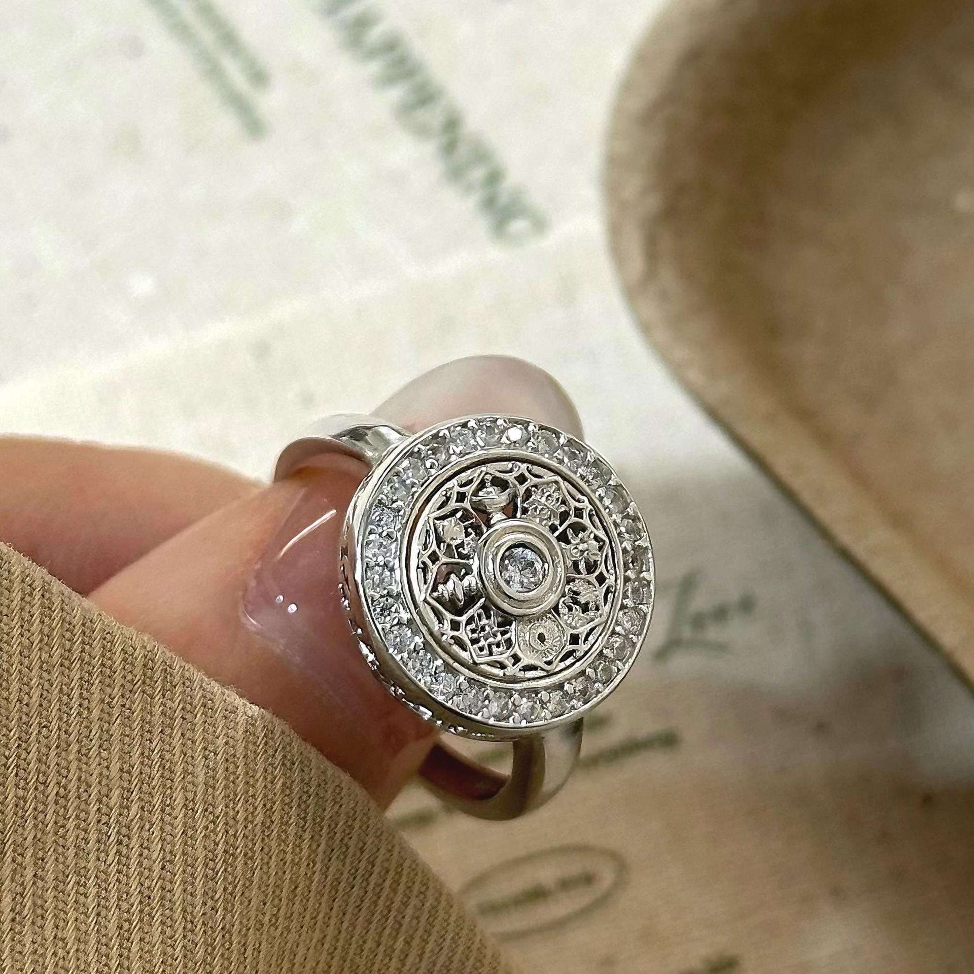 

S925 Sterling Silver Adjustable Compass Ring, Electroplated Eight Treasures Design with Full Diamond Luxury Finish.