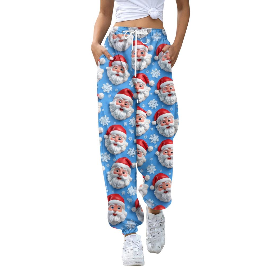 Pantalones deportivos casuales de moda para mujer con estampado navideño, cintura con cordón y puños en los tobillos