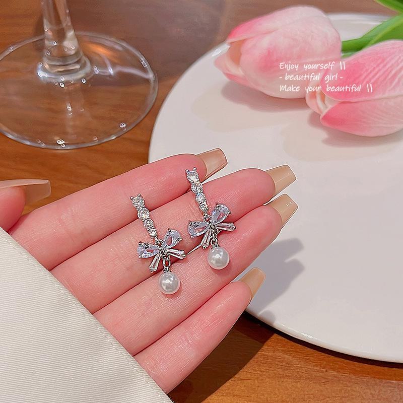 S925 Silver Zircon Bow Long Tassel Pearl Earrings for Women