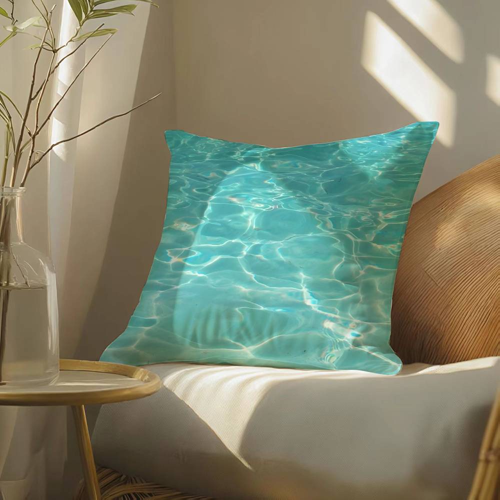 Blue Green Ocean Print Pattern Pillow Case Silky Elegant Comfort Sofa Bed  Invisible Zipper Beach Pillowcase