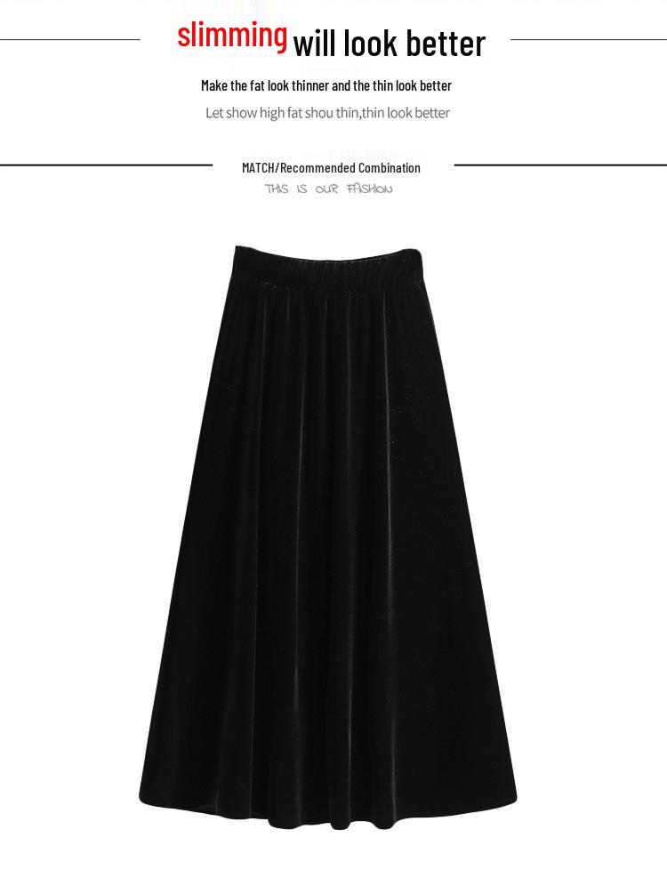 Plus Size High Waist Velvet A-Line Skirt for Women - Spring/Autumn Elastic Waist Slimming Long Skirt