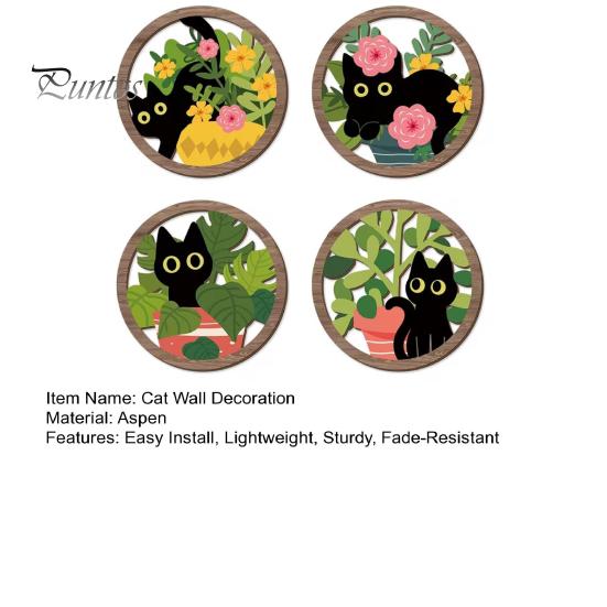Regalos para Amantes de los Gatos 4 Piezas Arte de Pared Boho Negro, Cartel de Madera Colgante Floral de Granja, Arte Inspirado en la Naturaleza Botánica Decoración de Gatito, Cartel de Madera de Hojas