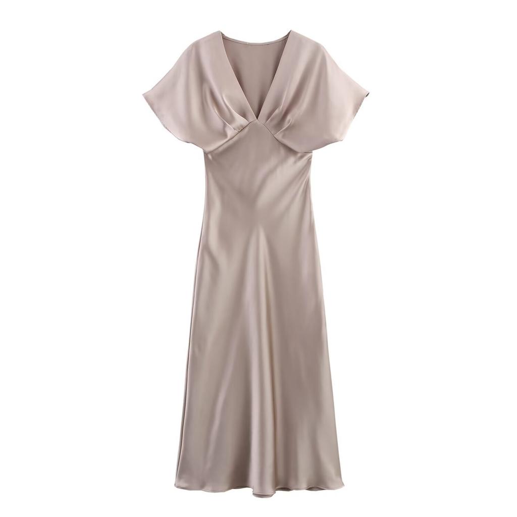 Spring and Summer New European and American Style Women's Clothing Fashion Temperament Casual V-neck Silk Satin Texture Dress