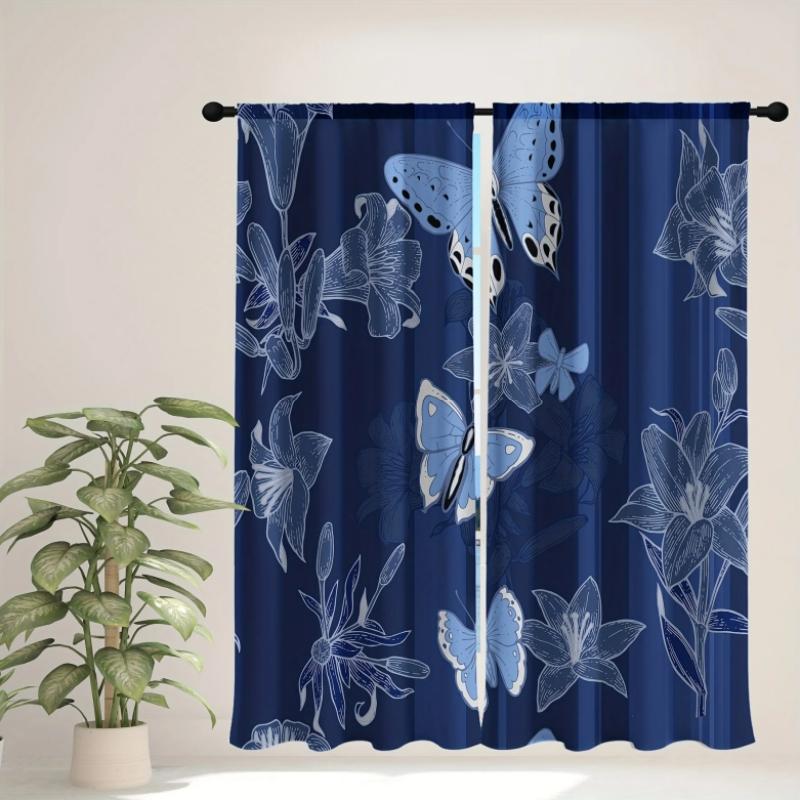 Blue and Purple Butterfly Element Printed High Shading Curtain Rod Window Treatment for Bedroom Office Kitchen Room