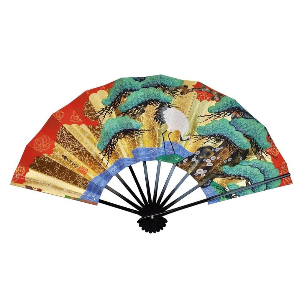 Kyoto Fan Decorative Fan with a Single Crane and Red and White Plum Comes with a Fan Stand and In a Double-sided Blossoms. Box.