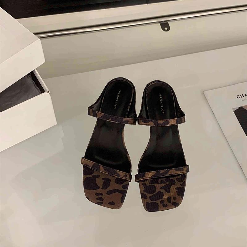 Summer Leopard Square Toe Women Slippers Elegant Low Heel Slide Ladies Outdoor Beach Dress Sandalias