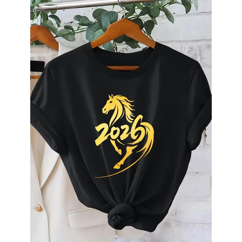 European Size Women's 2026 Year of The Horse Calligraphy T-Shirt - Chinese New Year Themed Short Sleeve Round Neck Top,Casual Blouse for Spring Summer