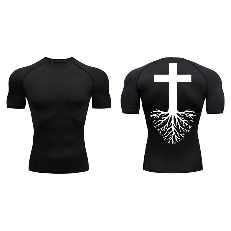 Cross Print Compression Shirt for Men Athletic Quick Dry Short Sleeve Tops Baselayer Christian Gym Workout Running T-shirts Tees