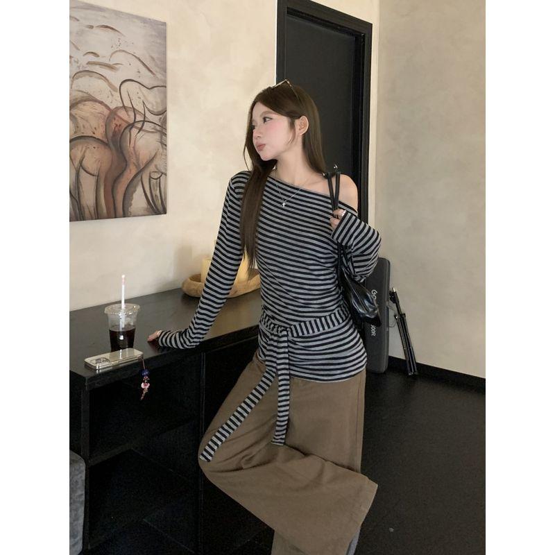Kumikumi Stylish Slant Shoulder Elegant Stripes Strap Long-Sleeved T-shirt Women's Autumn Waist Slim Fit Versatile Top