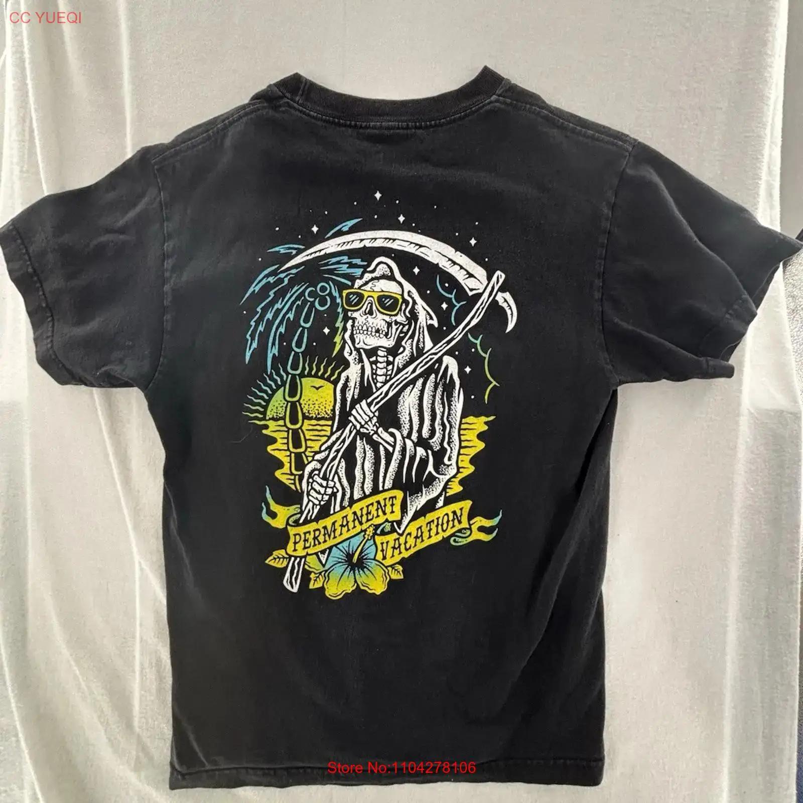 RSQ Collective PERMANENT VACATION T Shirt Skeleton GRIM REPEAR SZ Medium vintage Washed graphic Top For Everyday Wear Stretched S разноцветный