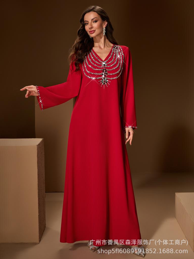 Elegant Rhinestone Long Sleeve V Neck Evening Gown