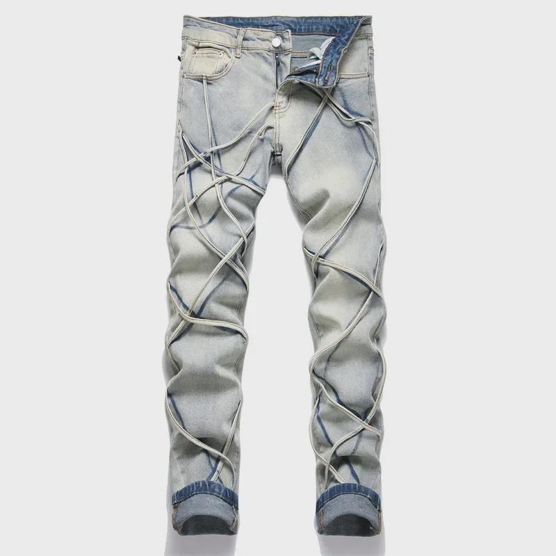 

2023 Autumn Punk Men s Slim Skinny Jeans with Webbing - Retro Blue 34 індиго