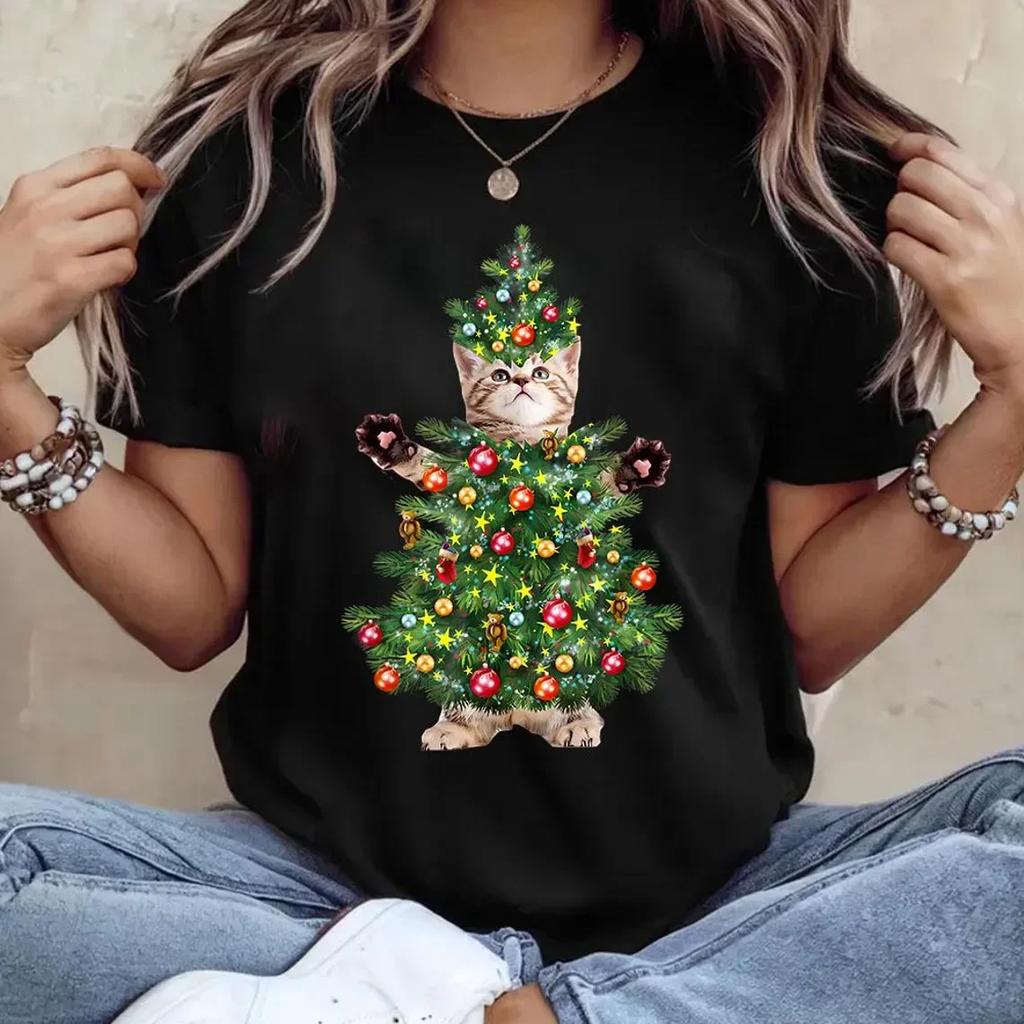 Christmas Kitten Christmas Light Strip Graphic Printed Tshirt Women Fashion Vintage Tshirts Casual Summer Streetwear Clothes