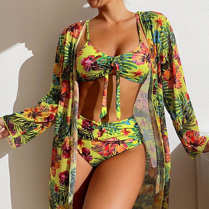 HNYHWKR printed three-piece swimsuit women's long-sleeved blouse high-waisted shorts sexy beach bikini suit