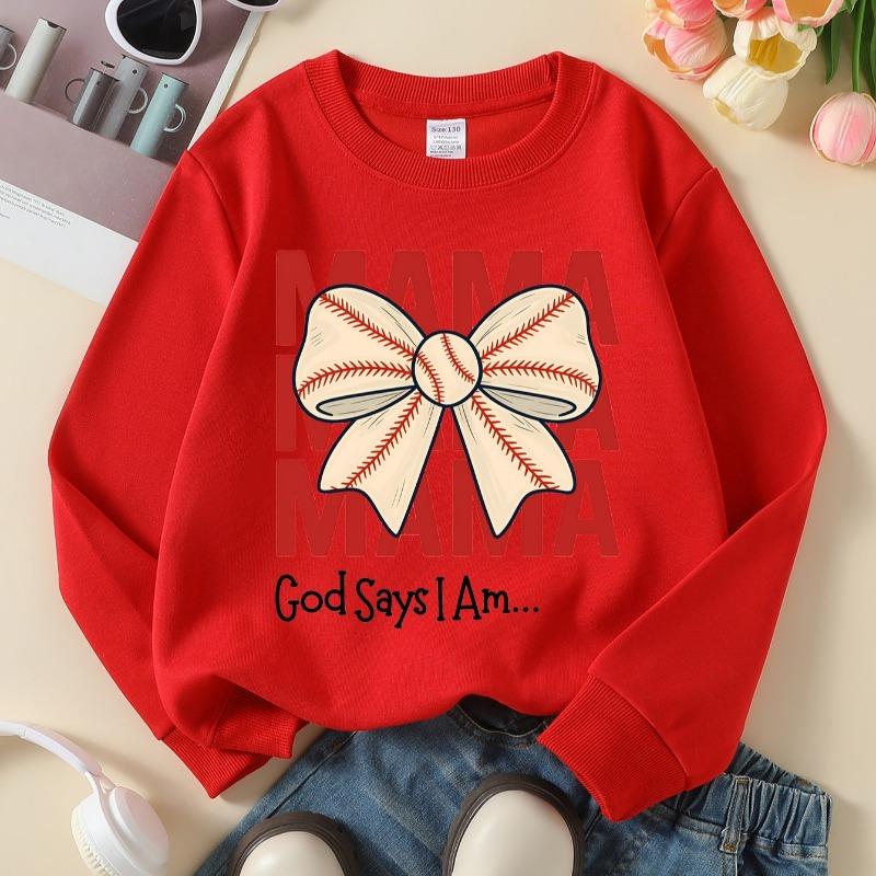 Kids Crewneck Long Sleeve Sweatshirt,Mama Baseball Bow Print