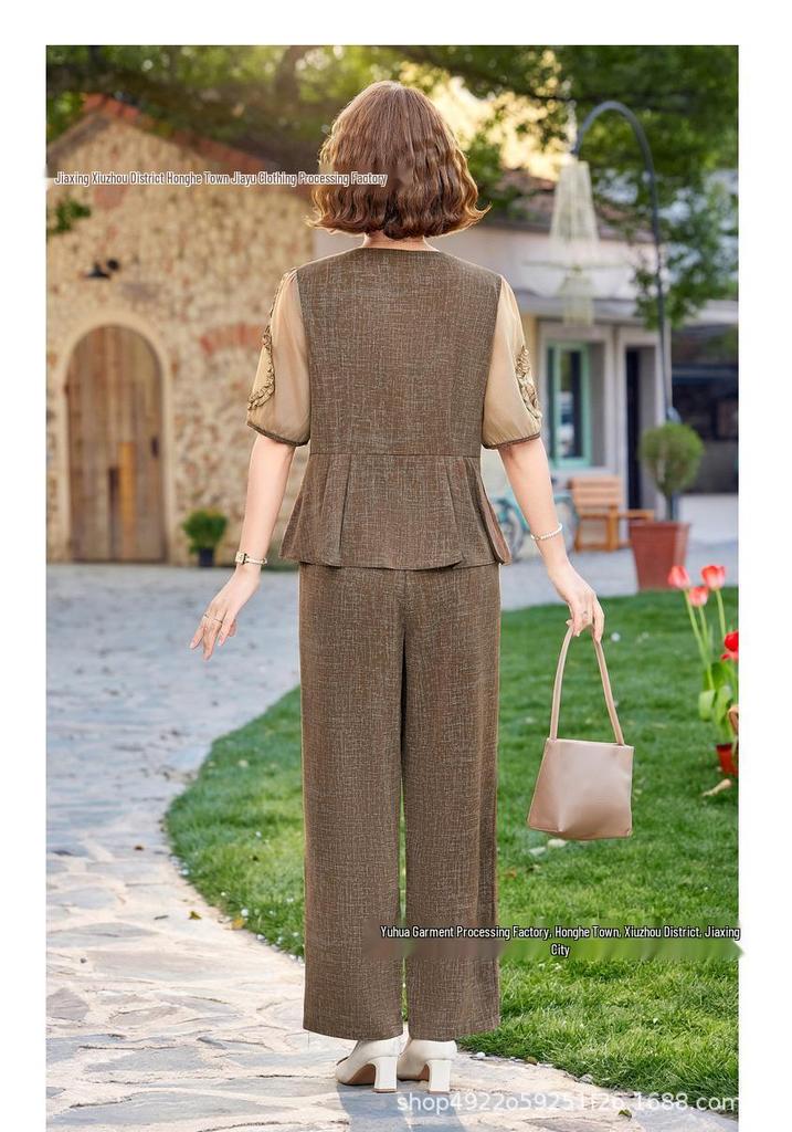 2026 Summer Suit Set: Stylish Age-Reducing Two-Piece for Middle-Aged & Elderly Women with Fashionable Wide-Leg Pants