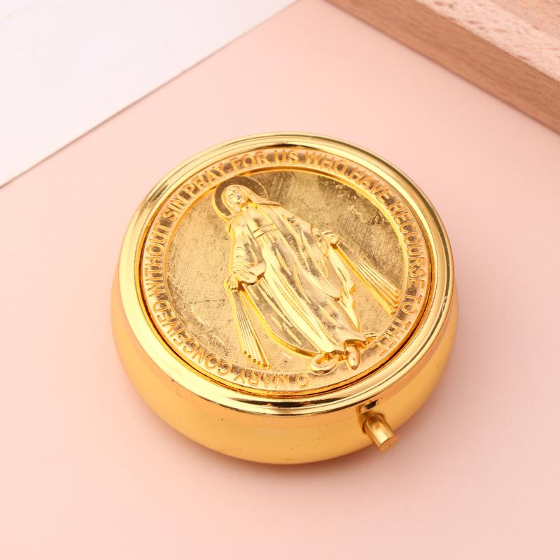 Retro Metal Holy Communion Saint Benedict Rosary Gift Boxes Round Religious Jewelry Packing Case