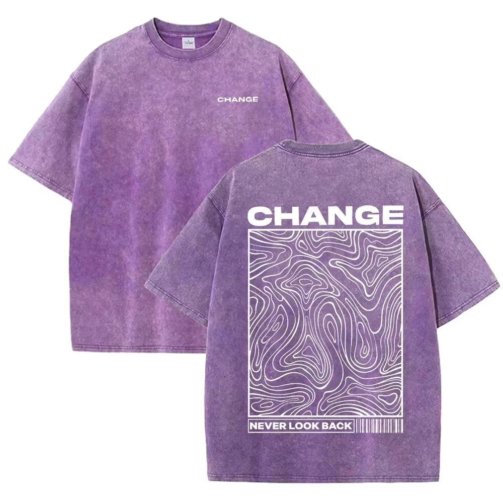 "CHANGE" Topographic Line Art Print Vintage Washed Beige Casual Graphic T Shirt