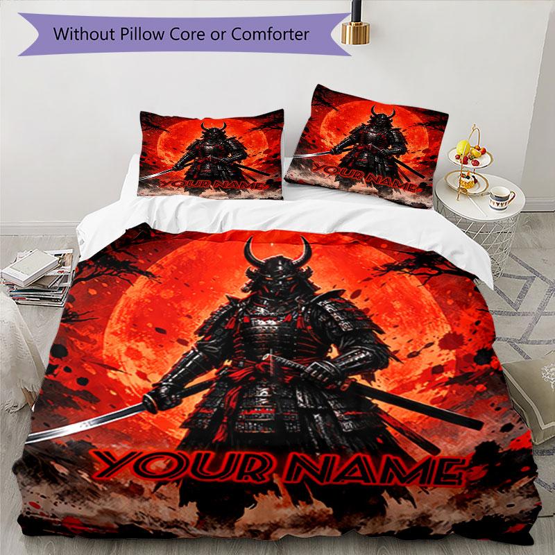 3PC Custom Name Samurai Moon Warrior Bedding Set Duvet Cover Closure Includes 1 Duvet Cover & 2 Pillowcases for Bedroom