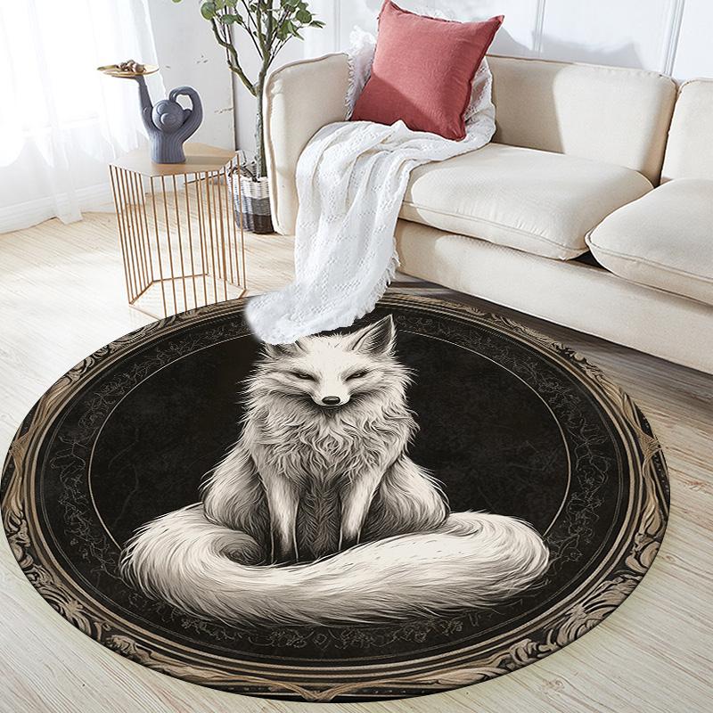 Black and White Fox,Round Area Rug,Carpet Rug for Living Room Bedroom Sofa Playroom Decor,Non-slip Floor Mat