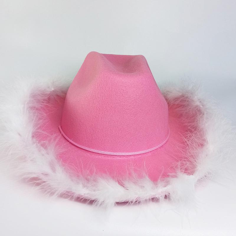 1Pc Gorgeous Fluffy Feather Brim Cowboy Hat Wide Brim Cowgirl Hat All-Match For Mardi Gras Rave Play Dress Up