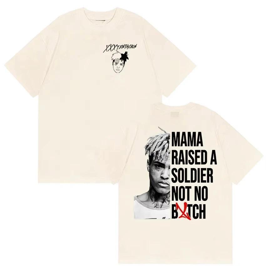 XXXTentacion Portrait "Mama Raised A Soldier" Quote Graphic Double Sided Oversized Streetwear Hip Hop Rap Fan Merch T-Shirt Top for Rap Enthusiasts