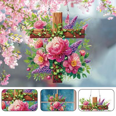 Kwiat Krzyż 2D/Płaski DIY Specjalny Kształt Błyszczący Diamentowy Art Dekoracja Okienna Wisiorek Diamond Art DIY Wystrój Domu Wiszący Urok