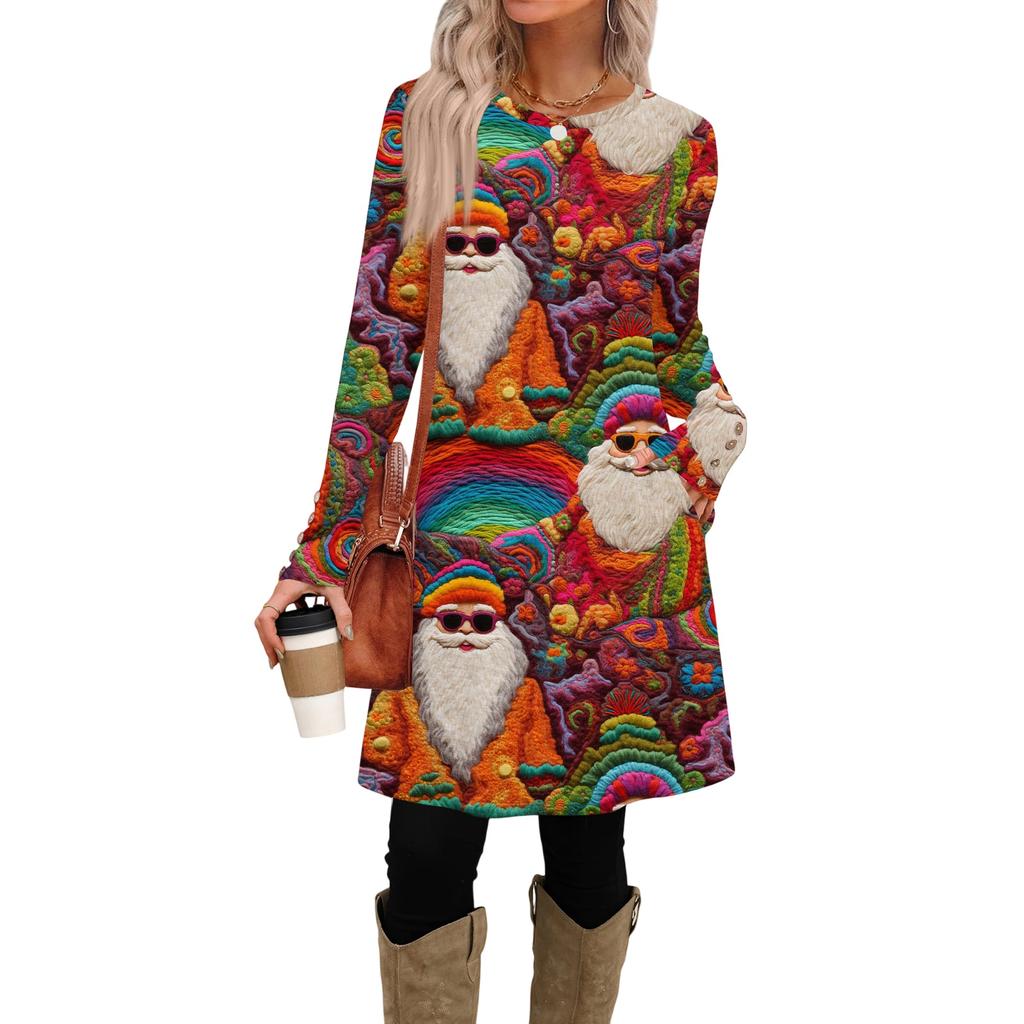 Women's Fashion Casual Dress With Pockets, Decorative Buttons, Christmas Prints, Round Neck And Long Sleeves