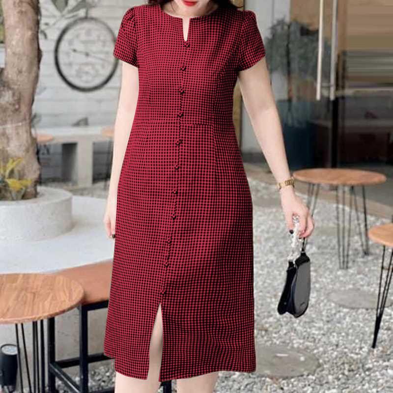 

ZANZEA Женское повседневное летнее платье с круглым вырезом и короткими рукавами, с принтом в клетку 3XL красный