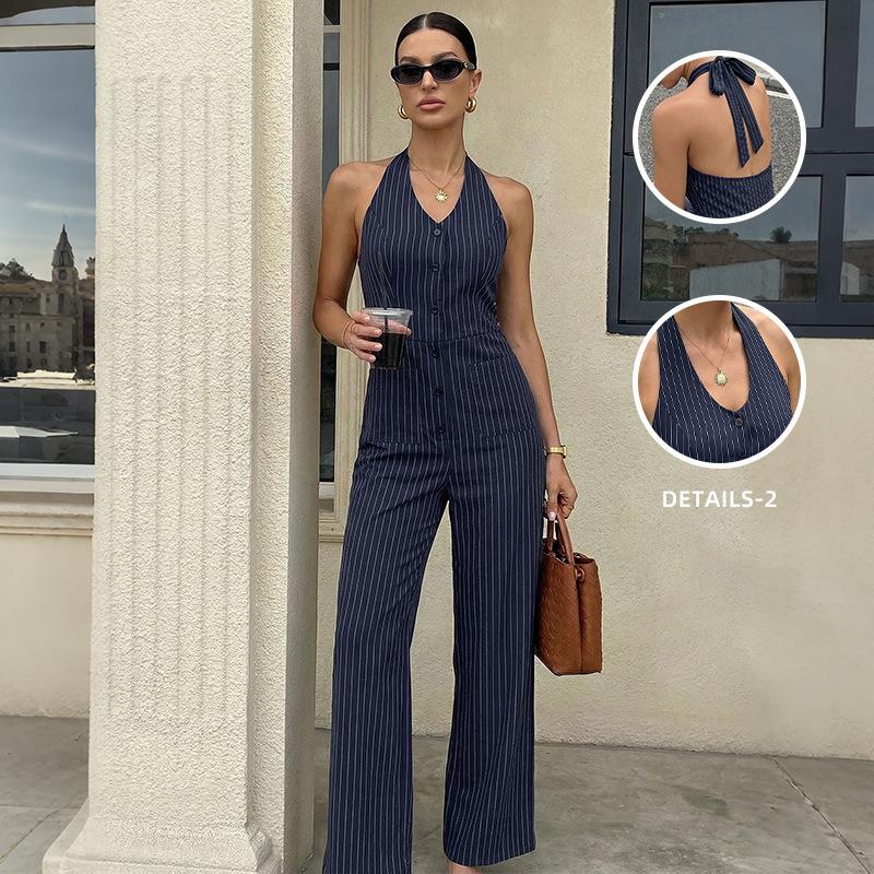 Navy Blue Retro Commuter Striped Halter Backless High Waist Wide Leg Jumpsuit