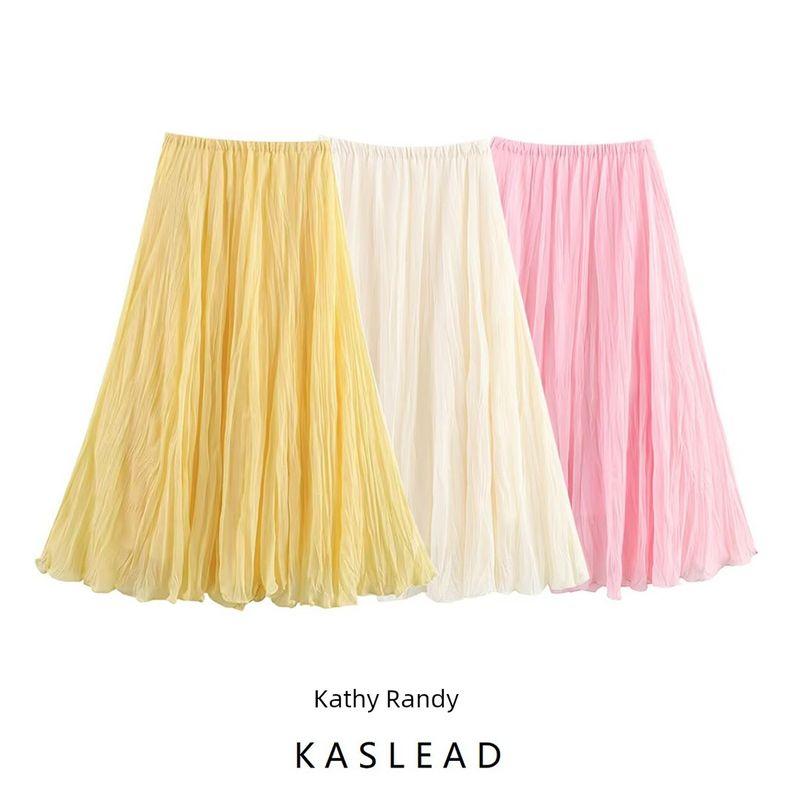 Kaslead New Women Clothes Western Style Fashion Simple and Versatile Candy Color Pleat Effect Skirt