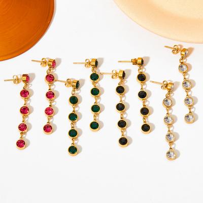 2023 New Zircon Tassel Stainless Steel Earrings Long Emerald Round Zircon Drop Earrings Delicate Girls Earrings