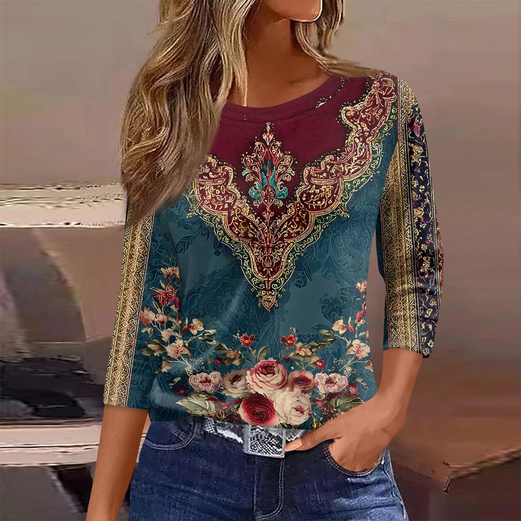Damen T-Shirt Print 3/4 Ärmel Alltagsmode Wochenende Basic Rundhals Normales Oberteil