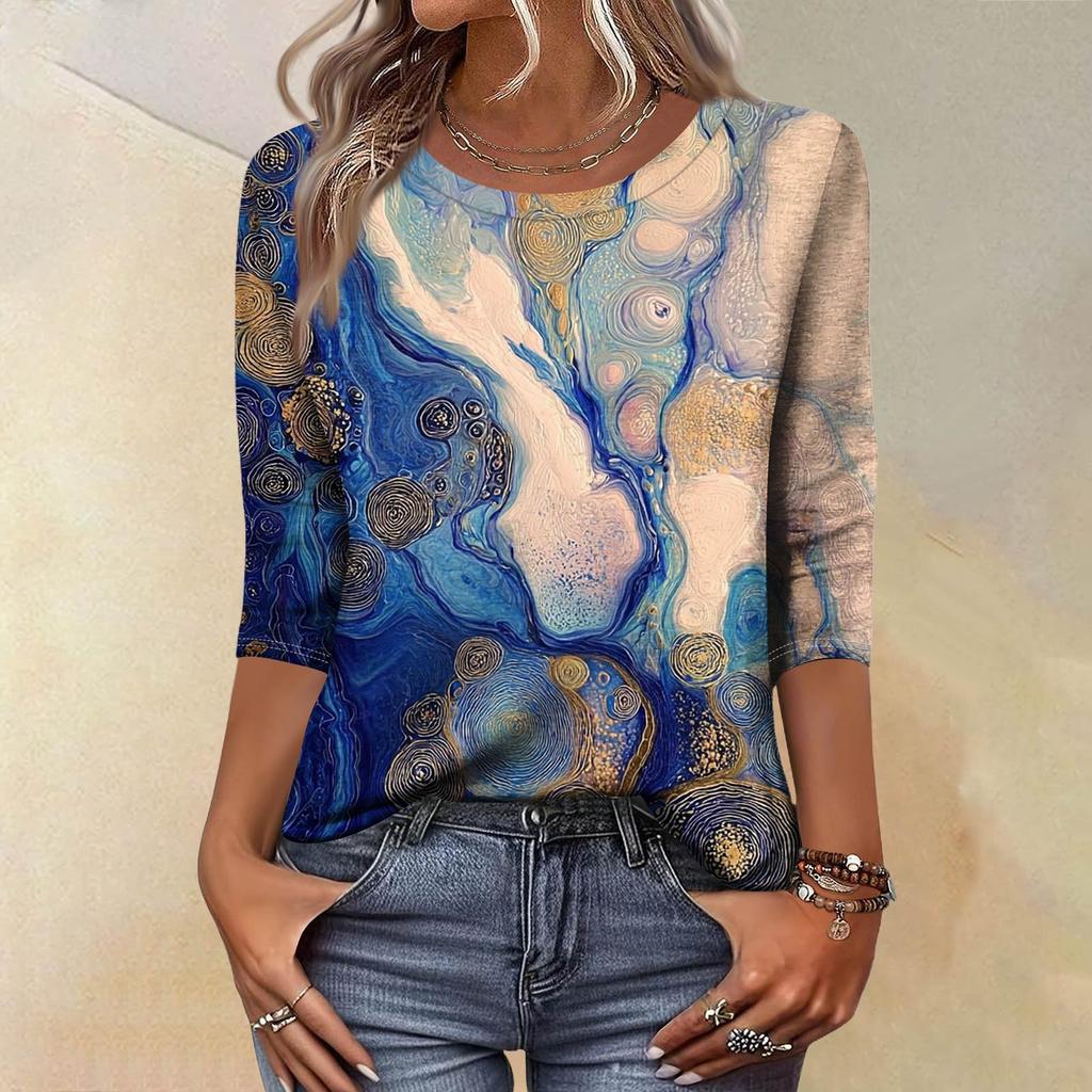 Trendy Vintage 3/4 Sleeve Top For Women ,Ladies Casual Three Quarter Sleeve Round Collar Printed T-Shirt Blouse