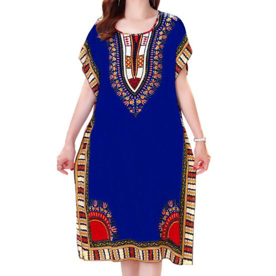 Women Dress Ethnic Style Round Neck Print Contrast Color Geometric Printing Pullover Loose Short Sleeves Midi Dress Women Clothes