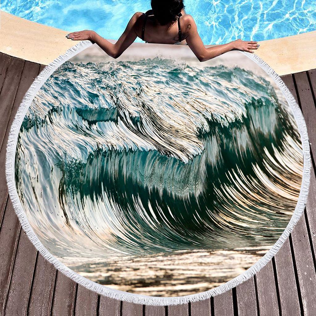 Blue Sea Wave Round Beach Towel with Tassels, Microfiber Beach Blanket Absorbent Quick Dry Soft Pool Towel Portable Picnic Ma